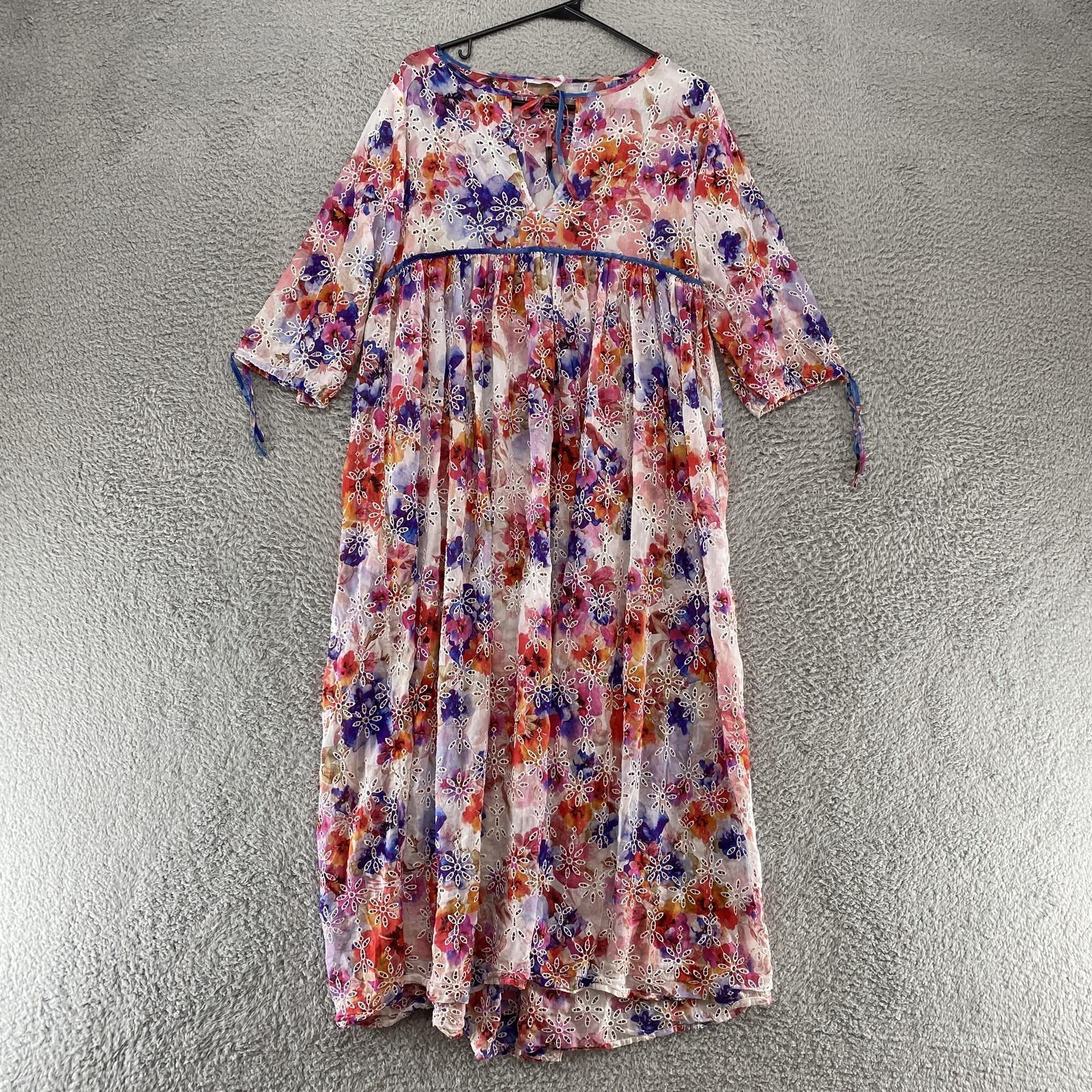 Johnny Was Midi Dress Womens Xs Embroidered Floral Boho Cotton Silk Empire